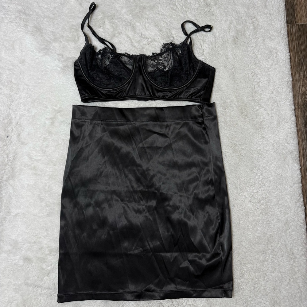 Fashion Nova Black Satin and Lace Bra Set